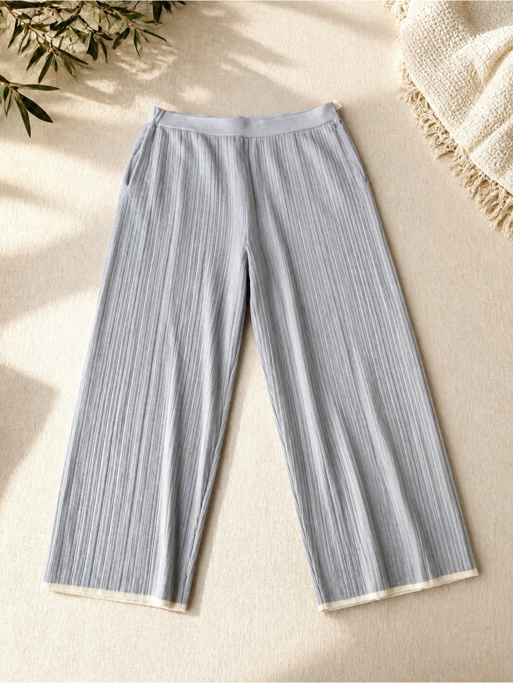 Jordan Light Gray Wide-Leg Pleated Knit Pants